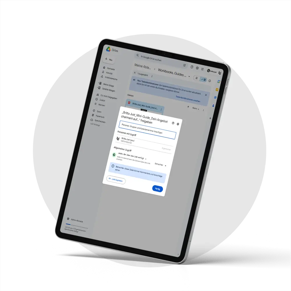 Tablet mit Ansicht von Google Drive als Symbolbild, wie Du einen Downloadlink anpassen kannst, um eine bessere User Experience zu gewährleisten.