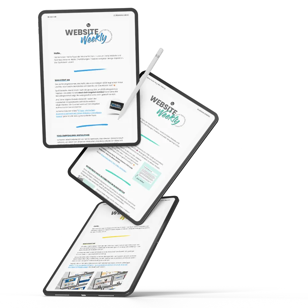 Drei iPads, die übereinander schweben, jedes zeigt auf dem Screen einen anderen Newsletter von Britta Just.