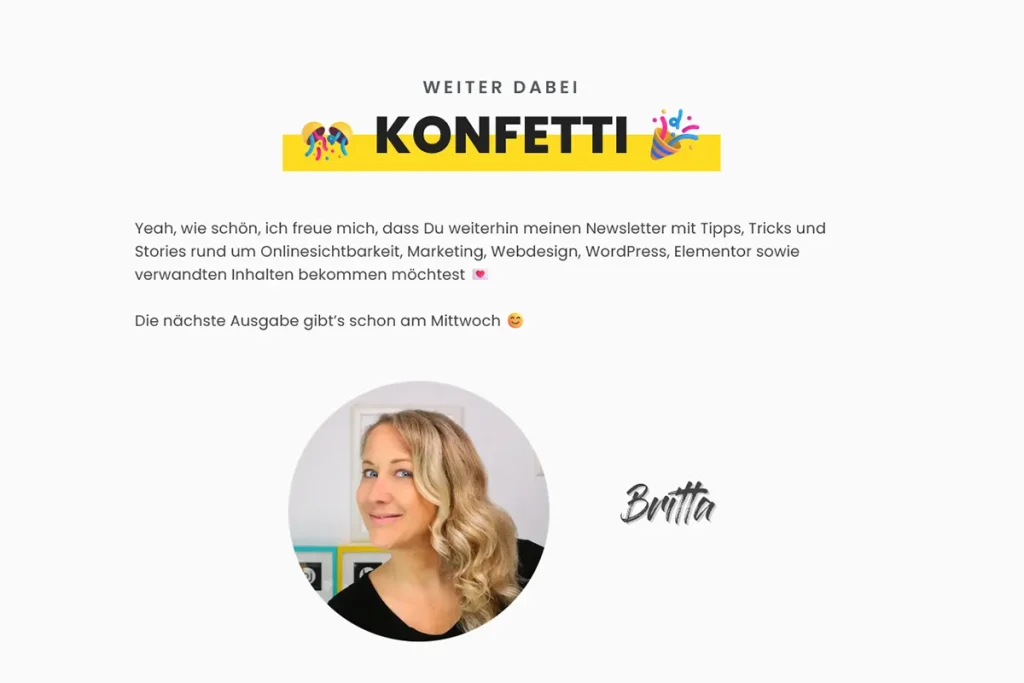 Screenshot der Unterseite, zur Bestätigung, dass Abonnent:innen weiterhin meinen Newsletter erhalten wollen.