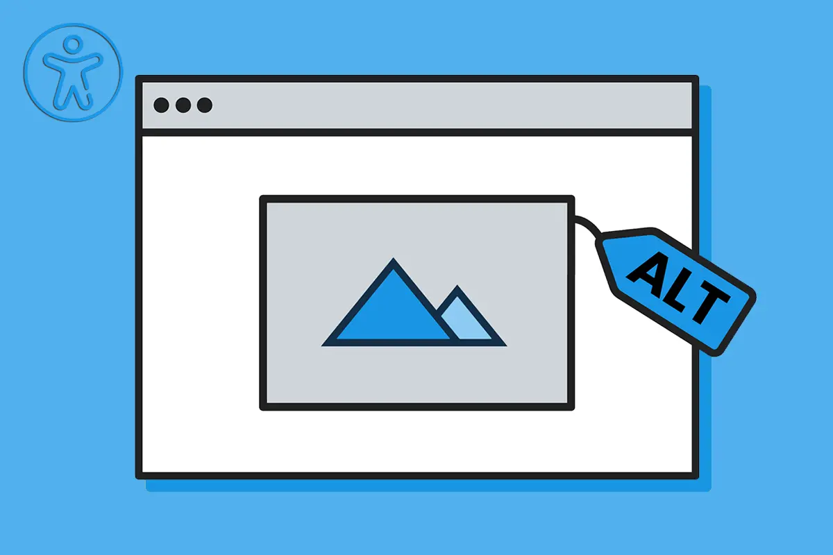 Illustration eines Browserfensters mit einem Bild mit zwei Bergen, an dem ein Label "ALT" hängt als Symbolbild für Alt-Texte.