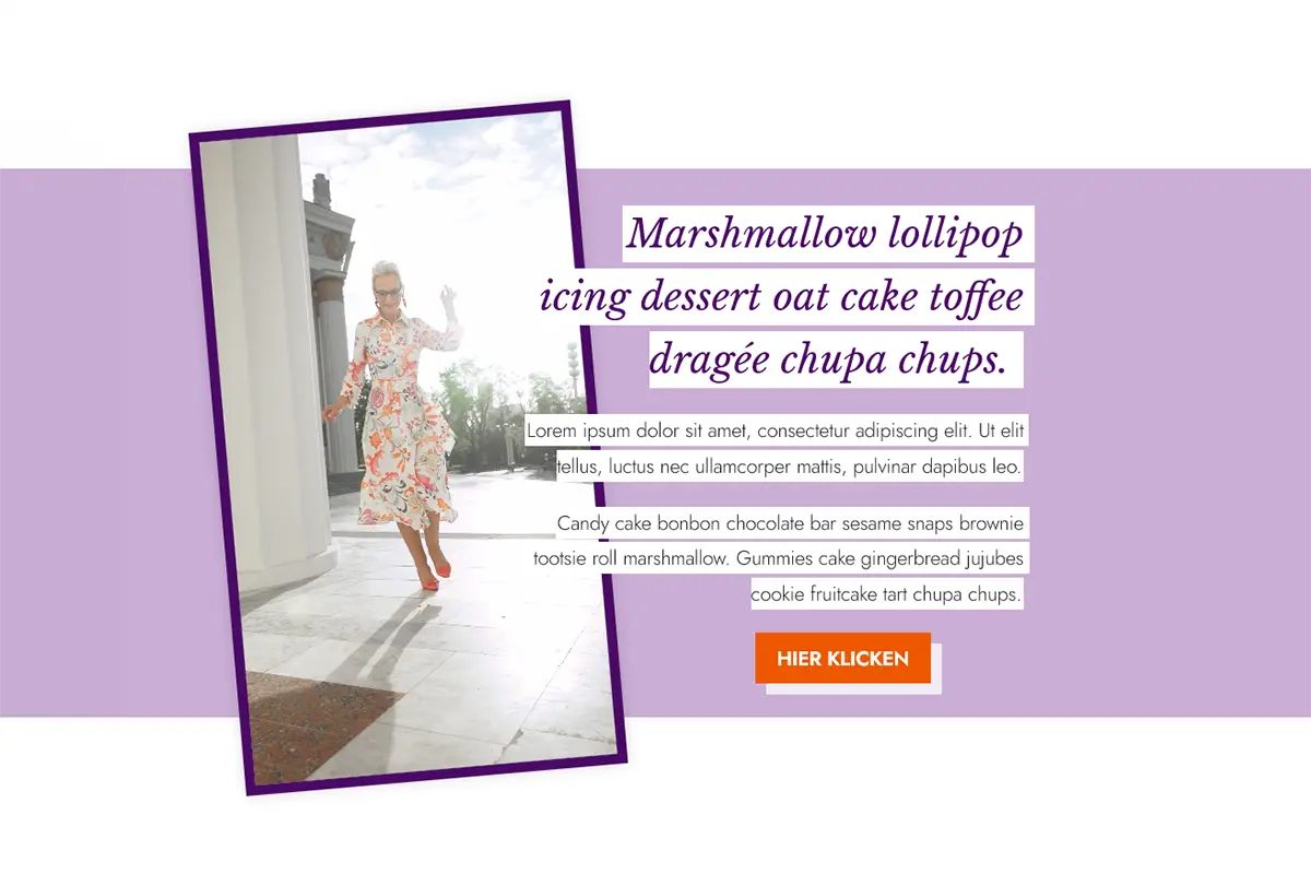 Mock-up eines Websiteabschnittes mit überlappenden Elementen, bei denen Text halb über einem Video liegt.