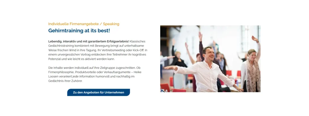 Nachher-Version des Startseitenabschnittes "Firmenangebote" mit einem knackigen Text, einem emotionalen Bild und einem Button mit einem klaren Call-to-Action.