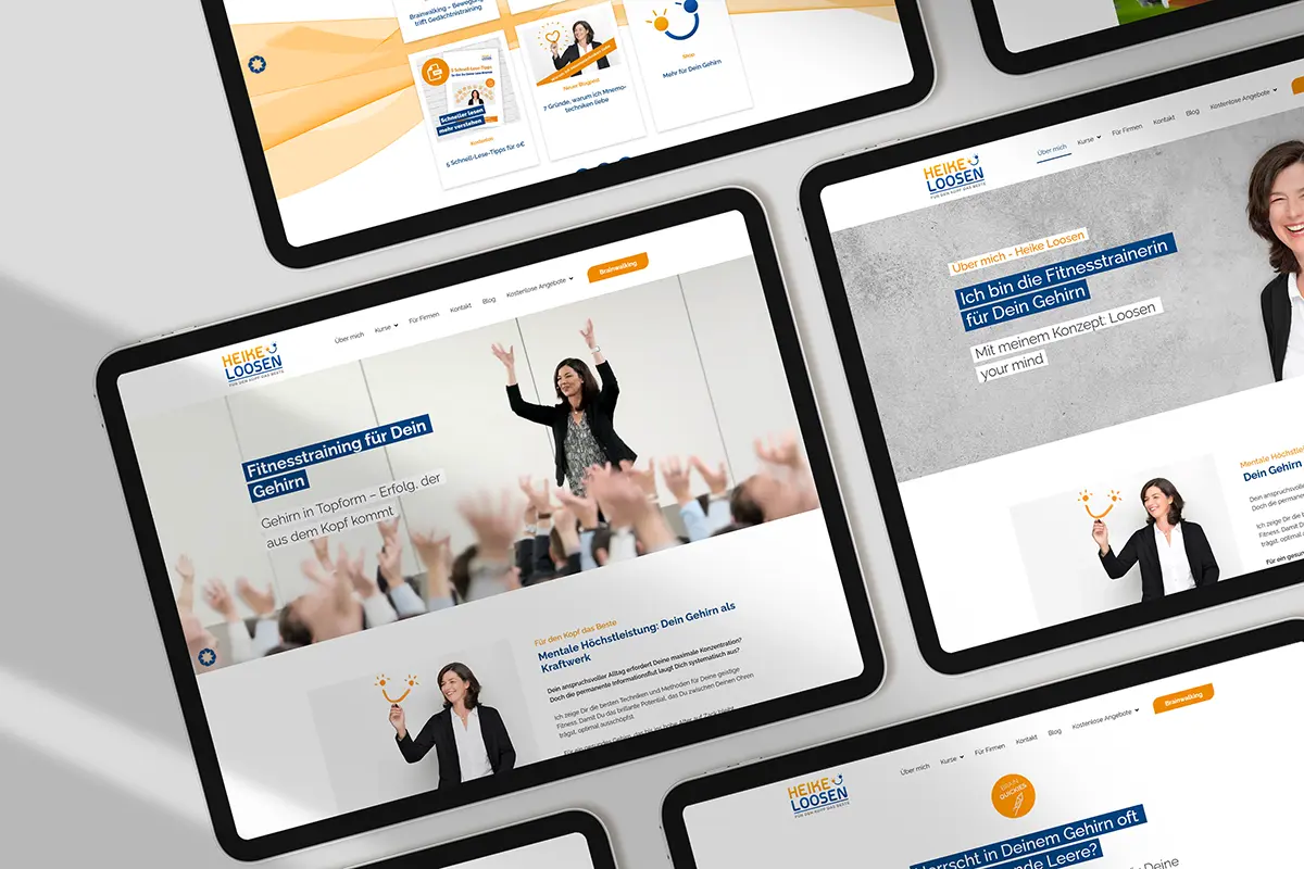 Verschiedene iPads zeigen das neuen Layout der Website nach dem Website Refresh von Heike Loosen.