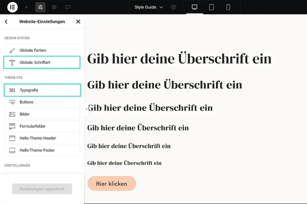 Ansicht der Website-einstellungen von elementor mit Fokus auf Globale Schriftart und Typografie als Symbolbild für Schriften in Elementor richtig einstellen.