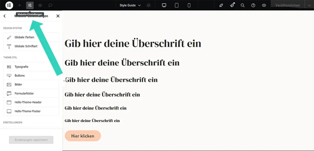 Website-Einstellungen in Elementor finden.
