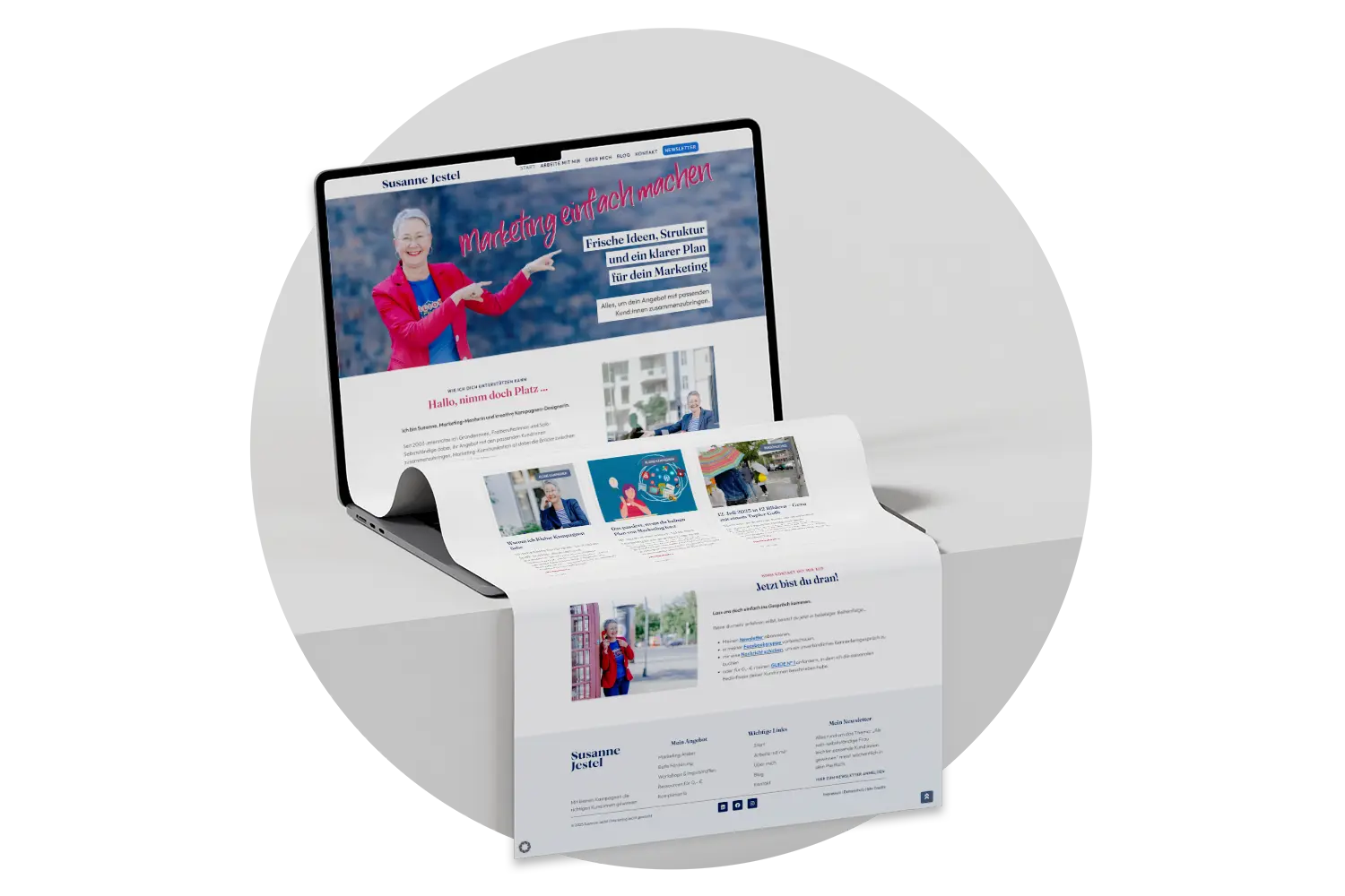 Ein Laptop, aus dem die Startseite der neuen Website für Marketingmentorin Susanne Jestel rausläuft.