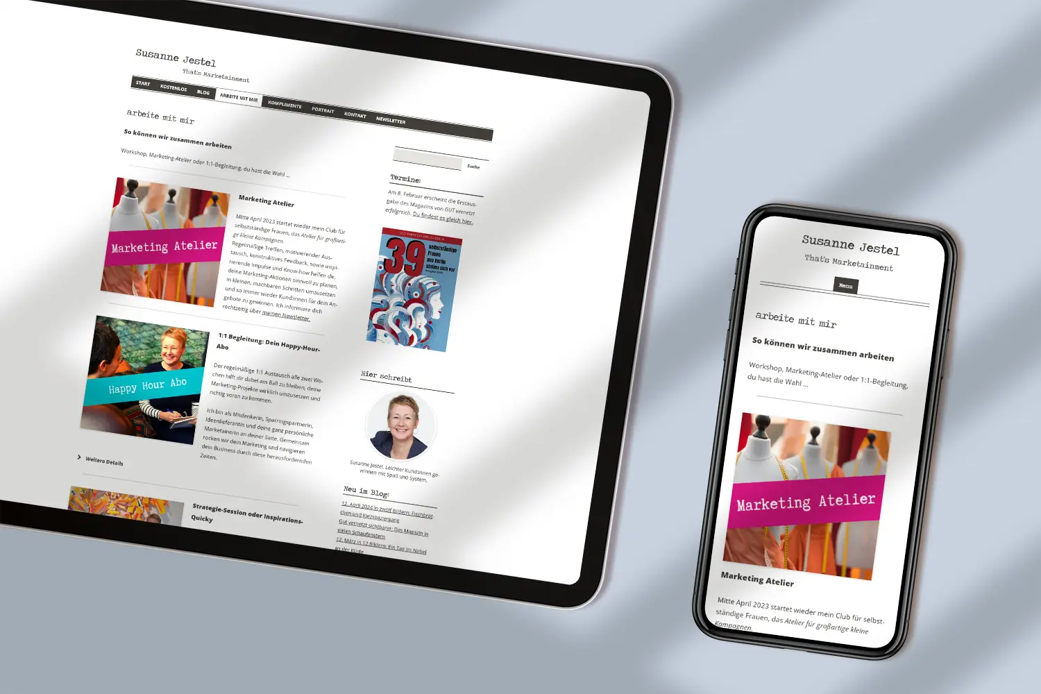 Die alte Website für Marketingmentorin Susanne Jestel, mit der Ansicht der alten Arbeite mit mir-Seite dargestellt einmal auf einem iPad und einmal auf einem Smartphone.