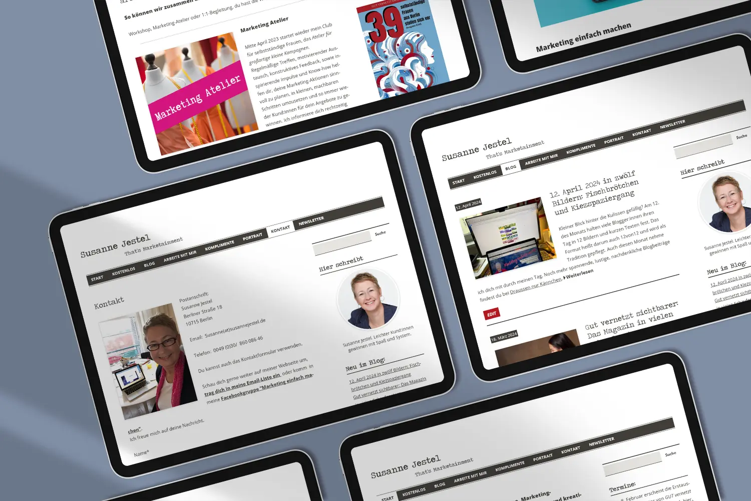 Die alte Website für Marketingmentorin Susanne Jestel, dargestellt als verschiedene Unterseiten auf iPads.