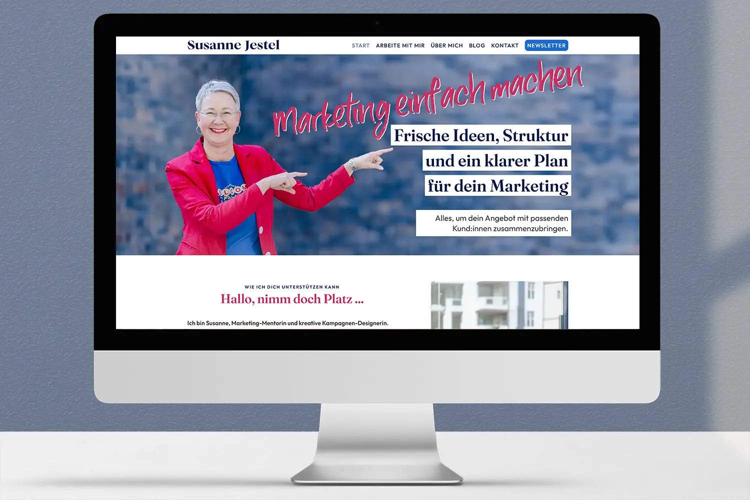 Die neue Website für Marketingmentorin Susanne Jestel, mit der neuen Startseite dargestellt auf einem iMac.