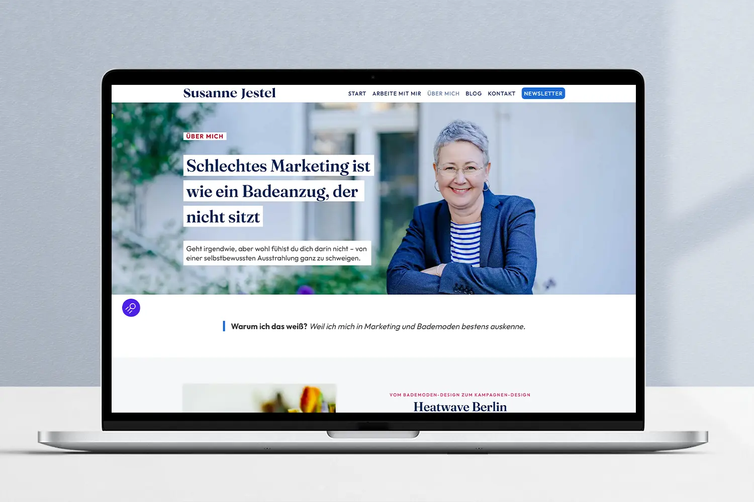 Die neue Website für Marketingmentorin Susanne Jestel, mit der neuen Über mich-Seite dargestellt auf einem Laptop.