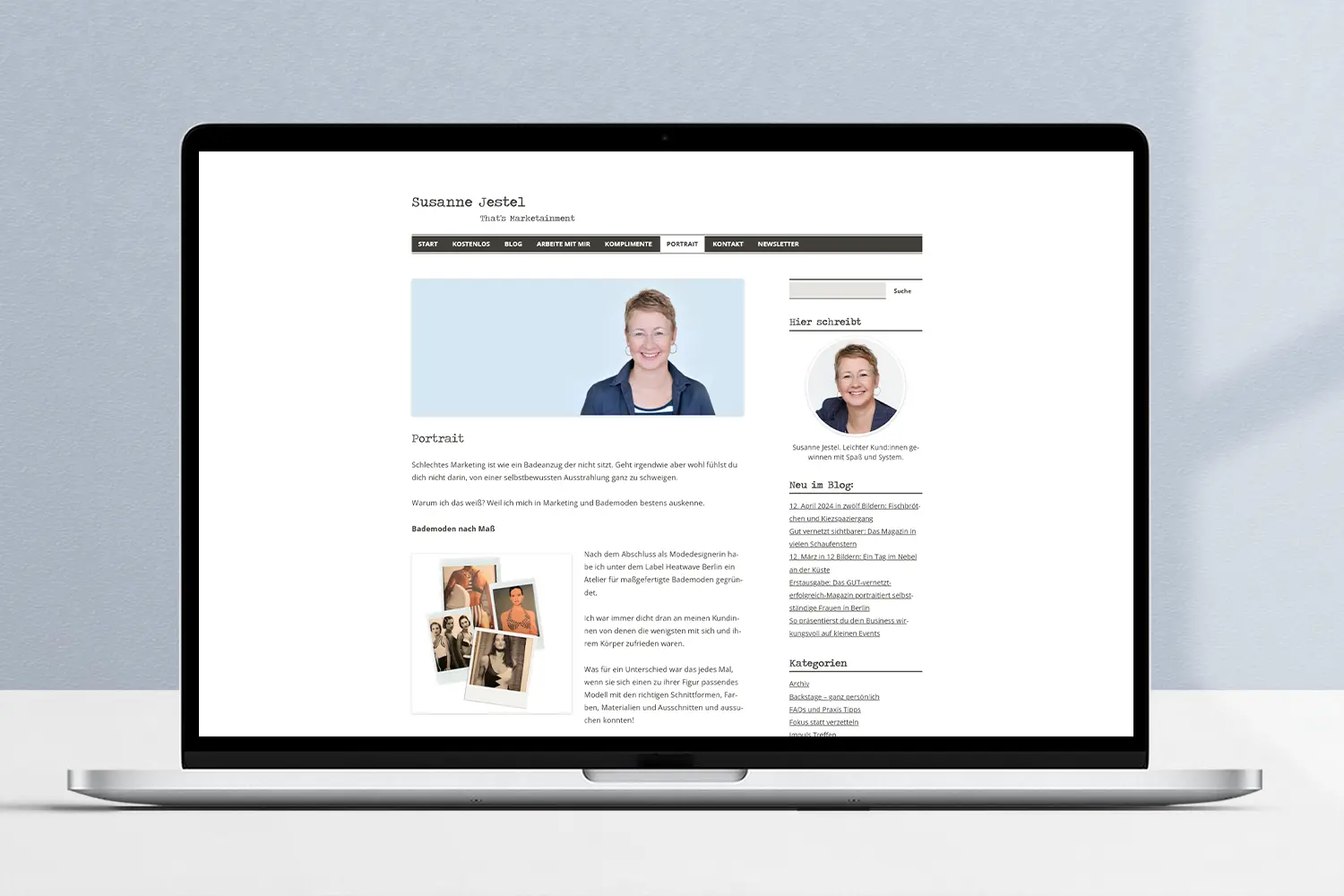 Die alte Website für Marketingmentorin Susanne Jestel, mit der alten Potrait-Seite dargestellt auf einem Laptop.
