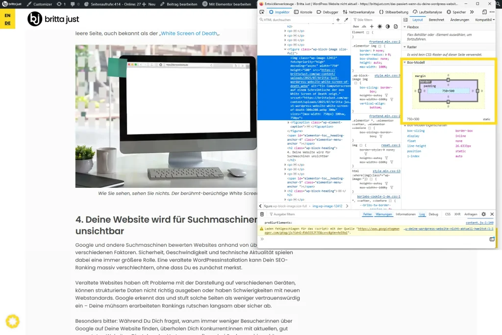 Screenshot einer Unterseite in Firefox mit der Funktion "Untersuchen" und den Infos zur Layoutgröße.