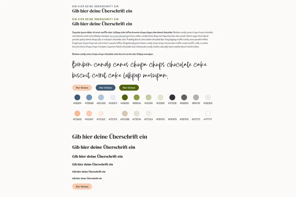 Beispiel eines Design Systems in Elementor mit den unterschiedlichen Schriftarten und -größen, Farben, Buttonstilen etc.