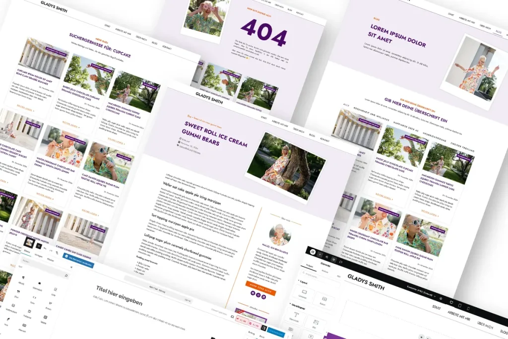 Kollage von Screenshots verschiedener Blogseiten, die mit dem WordPress Block Editor und Elementor erstellt wurden.