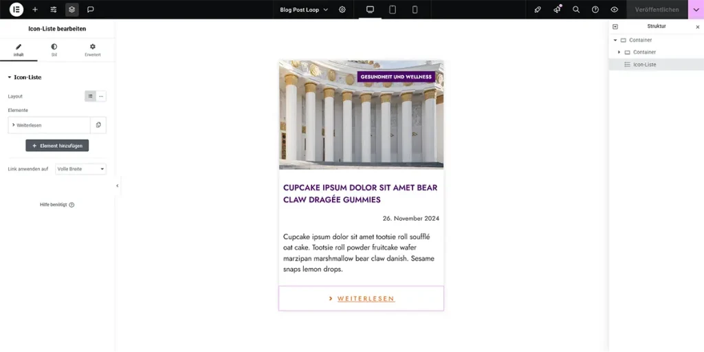 Screenshot des Einstellungen des Widget Icon List für Schritt 1.