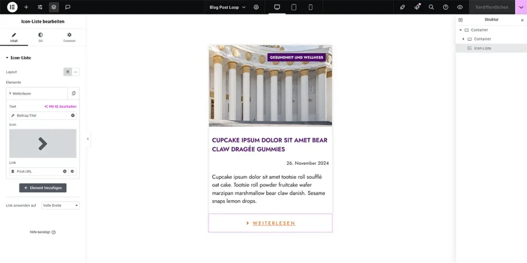 Screenshot des Einstellungen des Widget Icon List für Schritt 2.