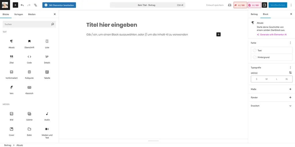 Screenshot, wie ein Blogartikel im WordPress Block Editor aussieht.