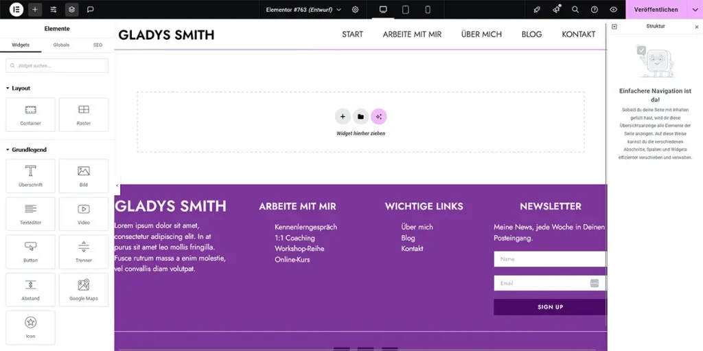 Screenshot, wie ein Blogartikel im Elementor Pagebuilder aussieht.