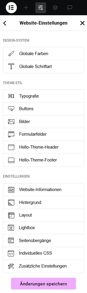 Das Menü der Websiteeinstellungen im Elementor Page Builder.