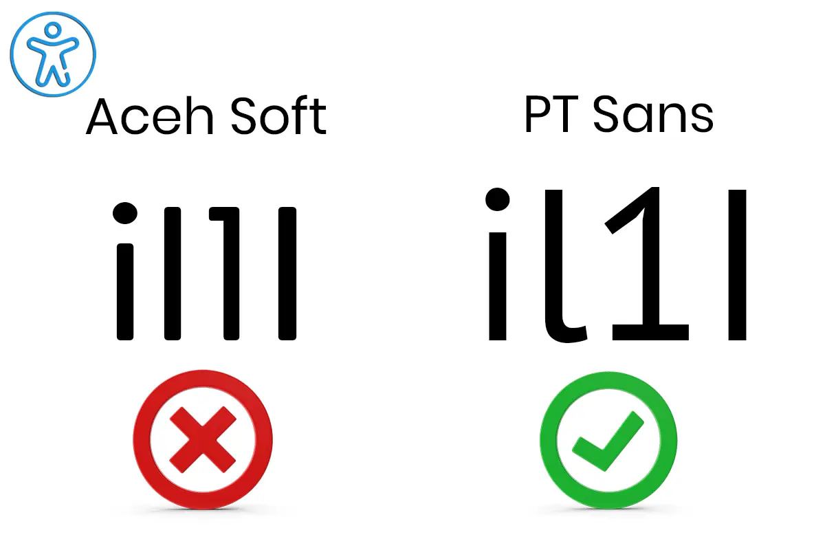 Die Buchstaben i, l, 1 und I einmal in der Schrift Aceh Soft sowie einmal in der PT Sans als Beispiel für barrierefreie Schriften, die schlecht bzw. gut lesbar sind.