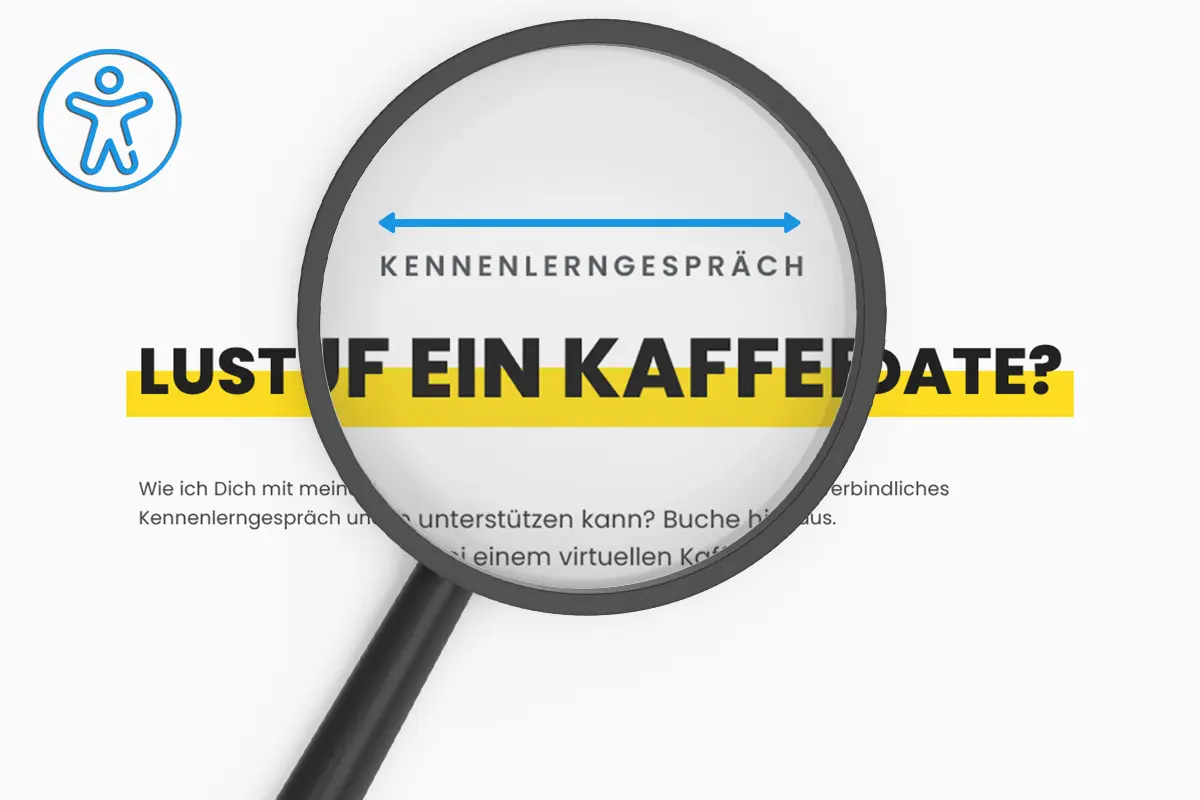 Eine Lupe lenkt die Aufmerksamkeit auf eine Überschrift mit breiterem Abstand als konkretes Beispiel für Letter Spacing. Ein Pfeil verdeutlicht den erhöhten Zwischenabstand der Buchstaben.