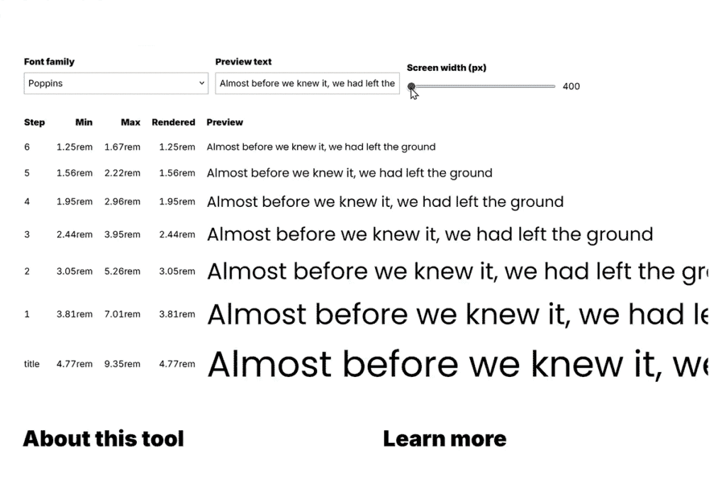 Eine Animation, die zeigt, wie sich bei Fluid Typography die verschiedenen Überschriftengrößen beim Wechsel zwischen größter zu kleinster Inhaltsbreite verhalten.