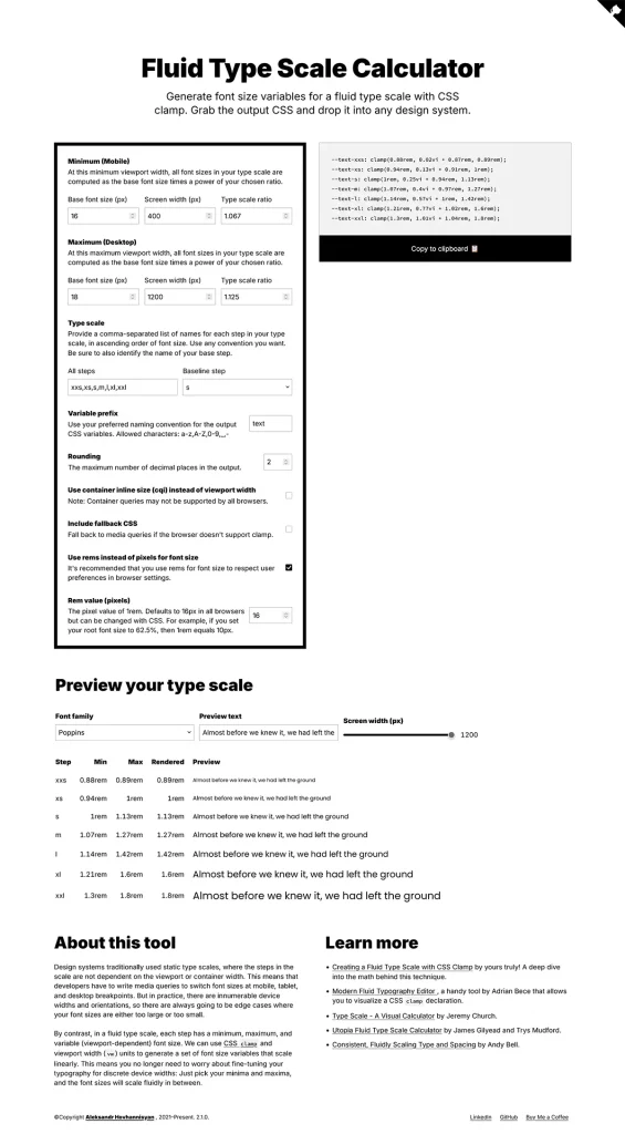 Der Fluid Type Scale Calculator mit meinen Definitionen für die Fließtexte.