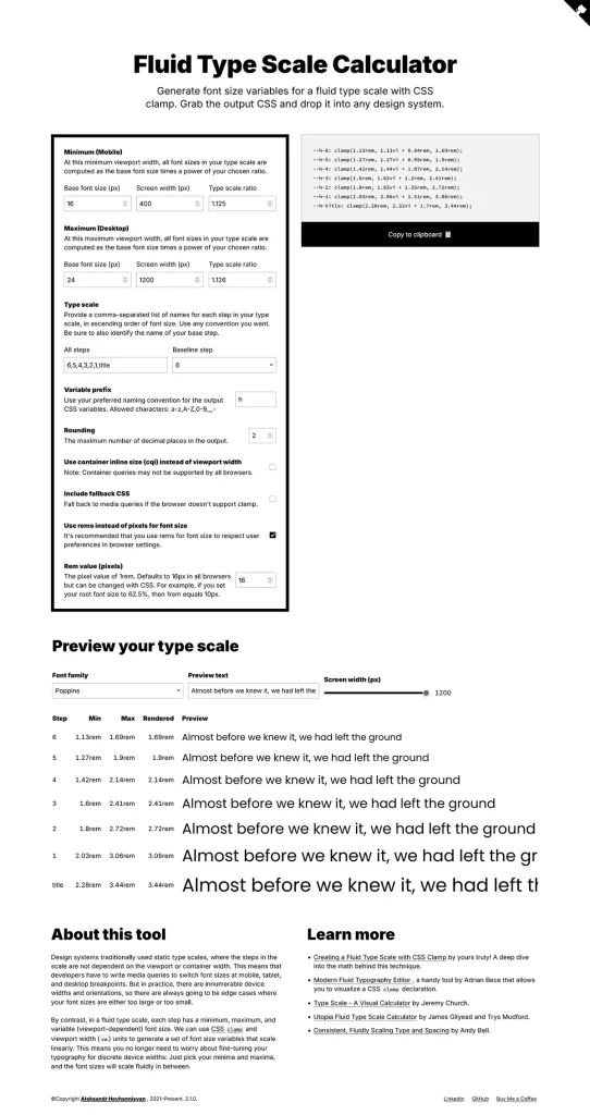 Der Fluid Type Scale Calculator mit meinen Definitionen für die Überschriften.