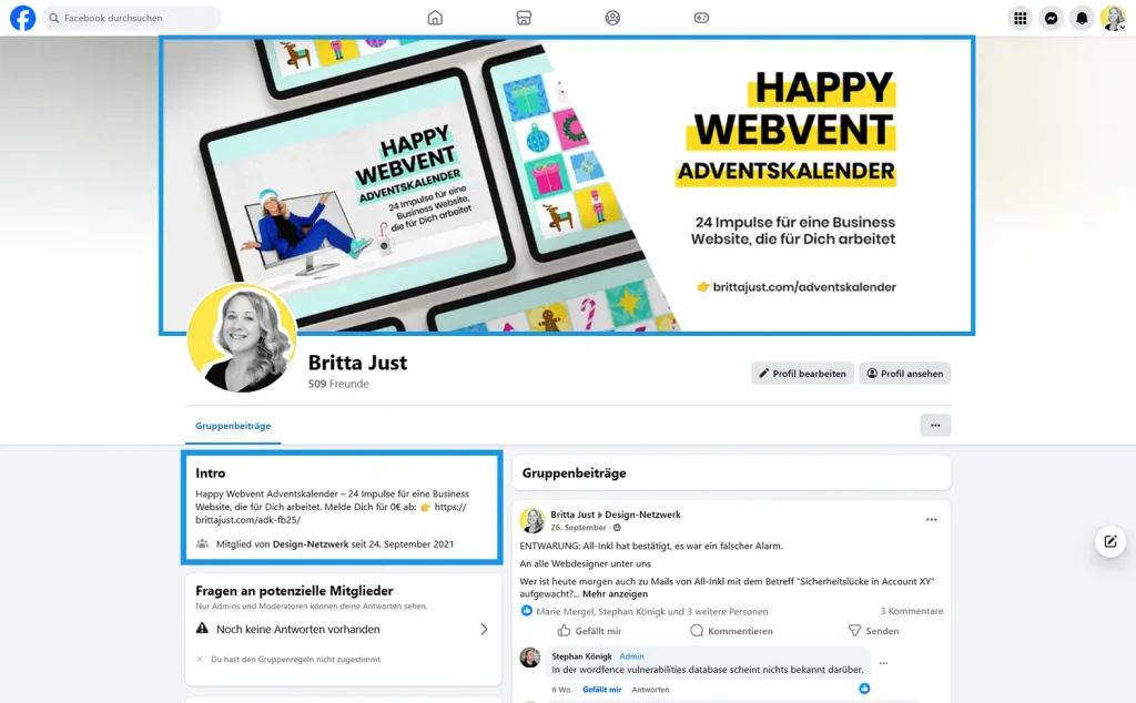 Beispiel, wie die Adventskalender Promotion im eigenen Facebookgruppenprofil aussehen kann.