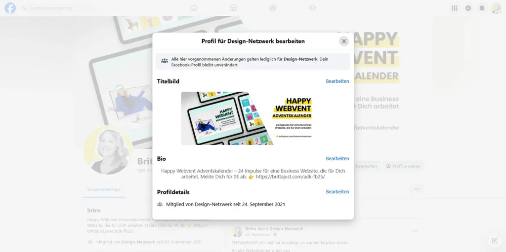 Beispiel, wie die Adventskalender Promotion im eigenen Facebookgruppenprofil eingepflegt werden kann.