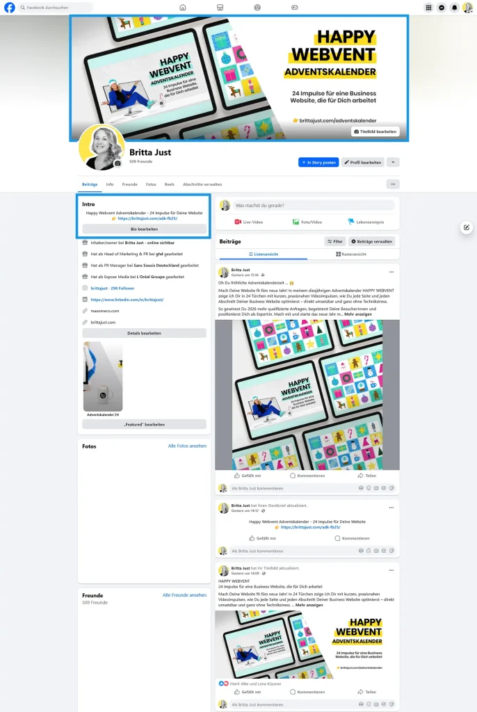 Beispiel, wie die Adventskalender Promotion auf dem eigenen Facebookprofil aussehen kann.