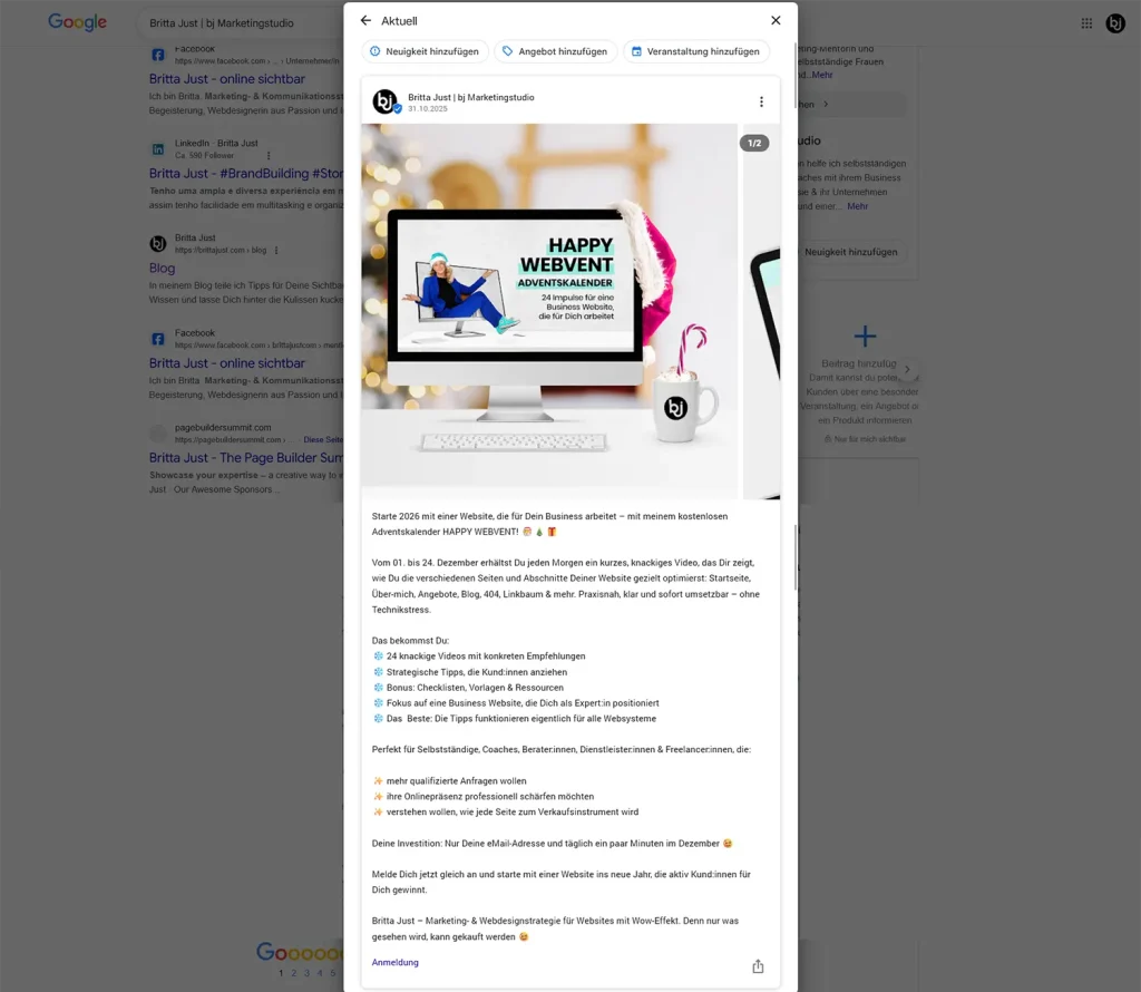 Beispiel, wie die Adventskalender Promotion auf dem Google Unternehmensprofil als Beitrag aussehen kann.