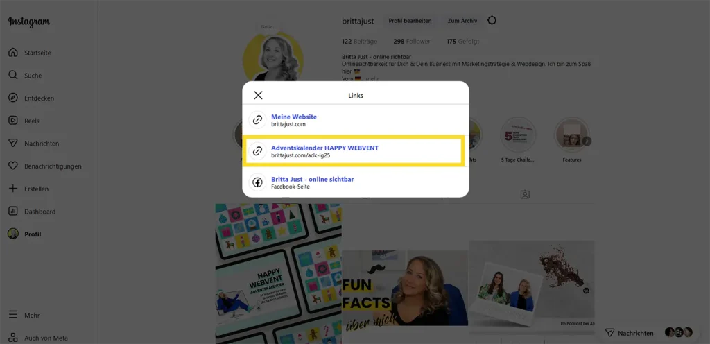 Beispiel, wie die der Adventskalender auf dem eigenen Instagramprofil verlinkt werden kann.