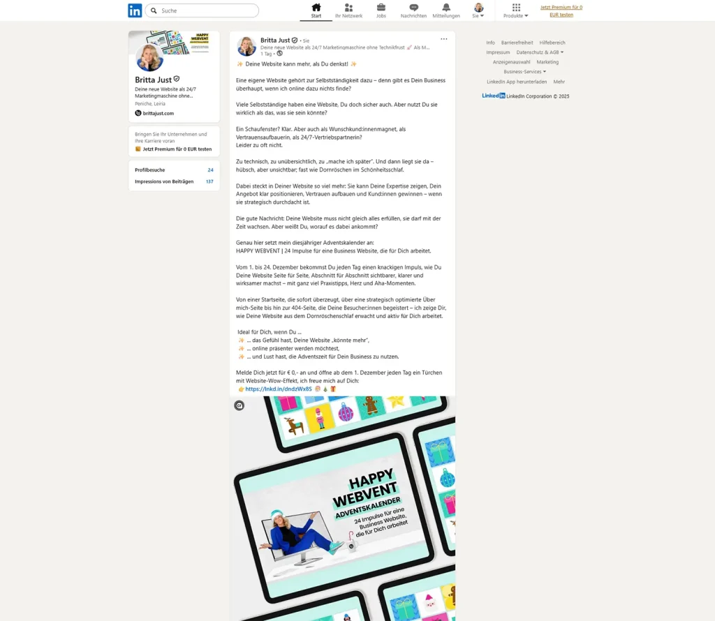 Beispiel, wie die Adventskalender Promotion als Post auf dem eigenen Linkedinprofil aussehen kann.