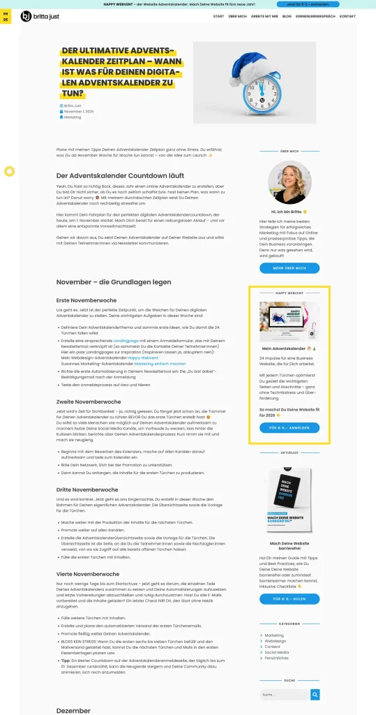 Beispiel, wie die Adventskalender Promotion in der Blog Seitenleiste der eigenen Website aussehen kann.