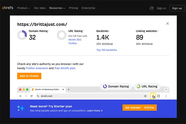 Screenshot meiner Ahrefs Domain Authority mit 32.