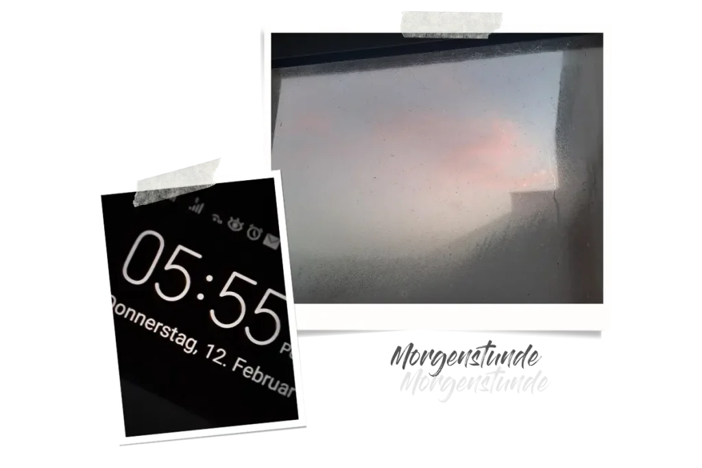 Zwei Polaroids, eins zeigt die Uhrzeit um 5:55 am Donnerstag, 12. Februar an und das andere rosa Wolken hinter einen beschlagenen Fensterscheibe.