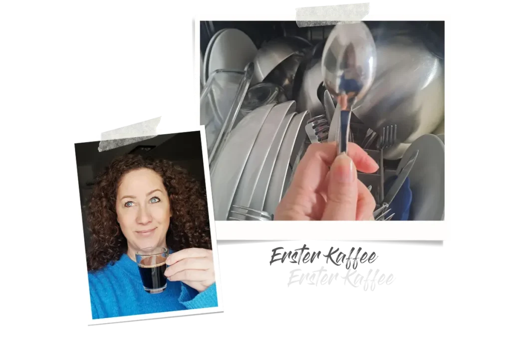 Zwei Polaroids, eins zeigt die volle Spülmaschine, die aufs Aufräumen wartet, und das andere mich mit dem ersten Kaffee des Tages.