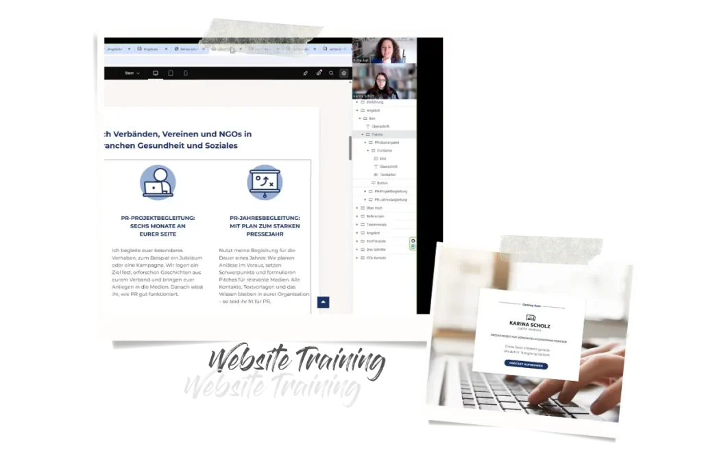 Zwei Polaroids, eins zeigt Karina und mich während der Schulung via Zoom, das andere ihre Website im Wartungsmodus.