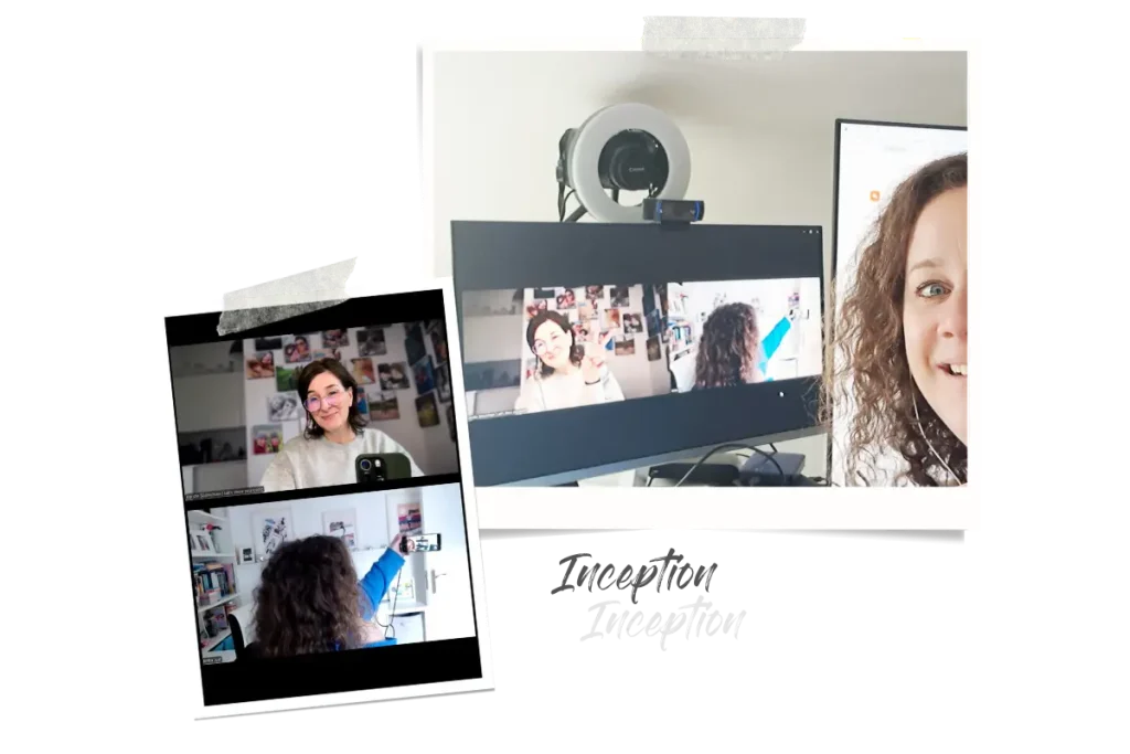 Zwei Polaroids, eins zeigt mich von hinten mit Kerstin im Zoom Meeting, und das andere, wie ich das Selfie aufnehme.