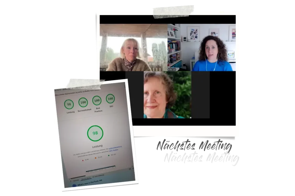 Zwei Polaroids, eins zeigt mit mit Stephania und Cristina im Meeting, und das andere die Google Lighthouse Scores.