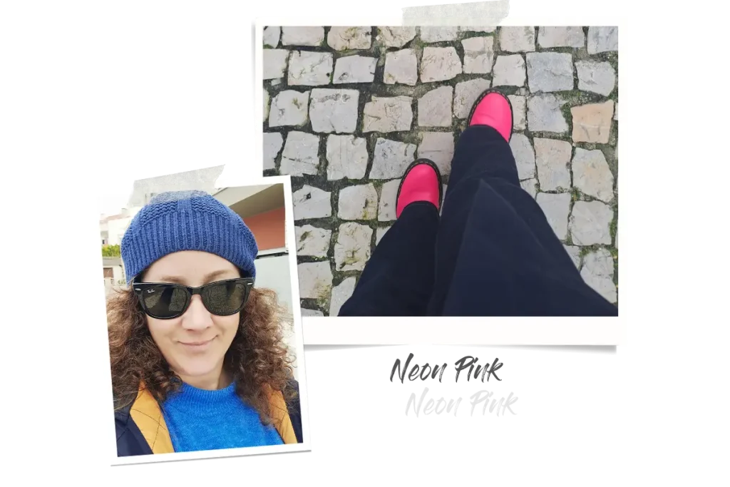 Zwei Polaroids, eins zeigt meine neon pinken Dr. Martens von oben und das andere ist ein Selfie, bei dem ich in die Kamera grinse.