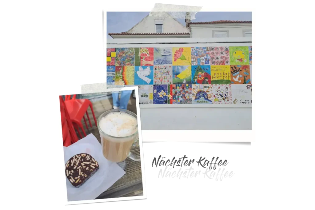 Zwei Polaroids, eins zeigt Azulejos, portugiesische Fliesen, und das andere meinen Kaffee und ein Stück Kuchen.