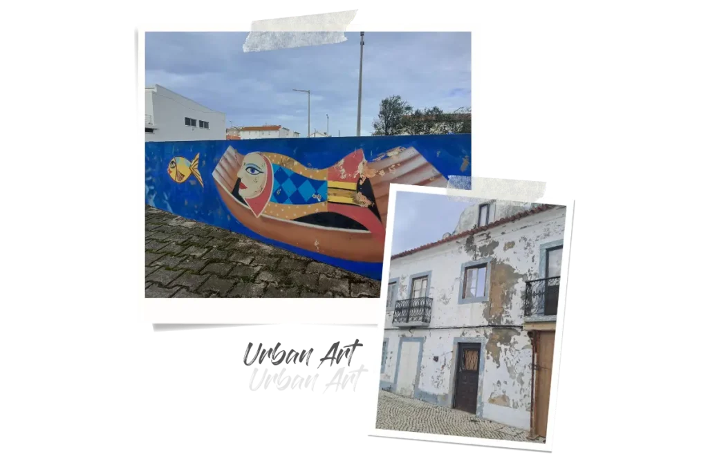 Zwei Polaroids, eins zeigt maritime Straßenkunst und das andere ein runtergekommenes Haus, von dem nur noch die Fassade steht.