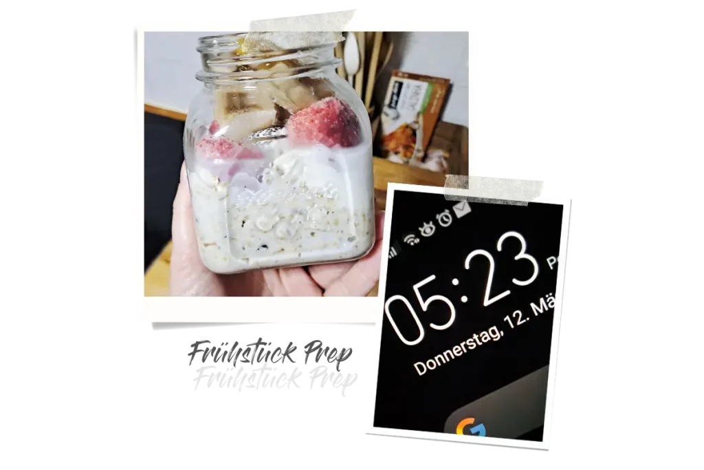 Zwei Polaroids, eins zeigt mein Frühstück im Glas und das andere mein Handy mit der Uhrzeit 05:23.
