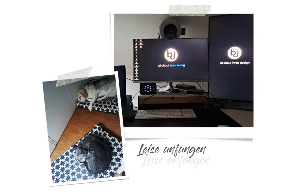 Zwei Polaroids, eins zeigt meine Hunde noch schlafend auf ihren Kissen und das andere meine Bildschirme beim Hochfahren des Computers.