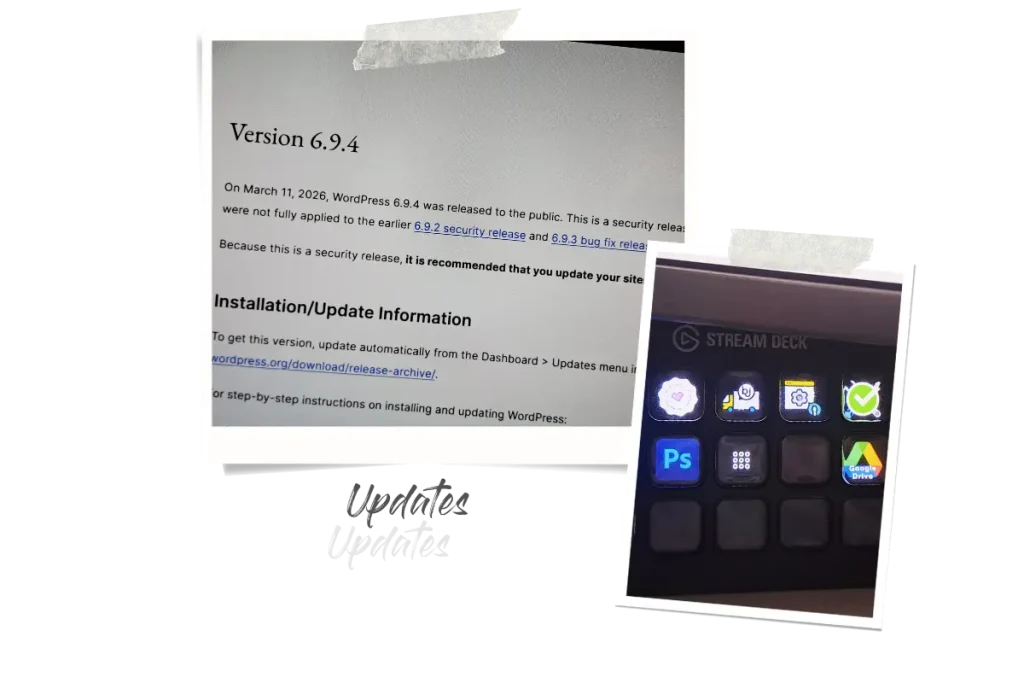 Zwei Polaroids, eins zeigt das WordPress Update 6.9.4 sowie das andere mein Stream Deck.