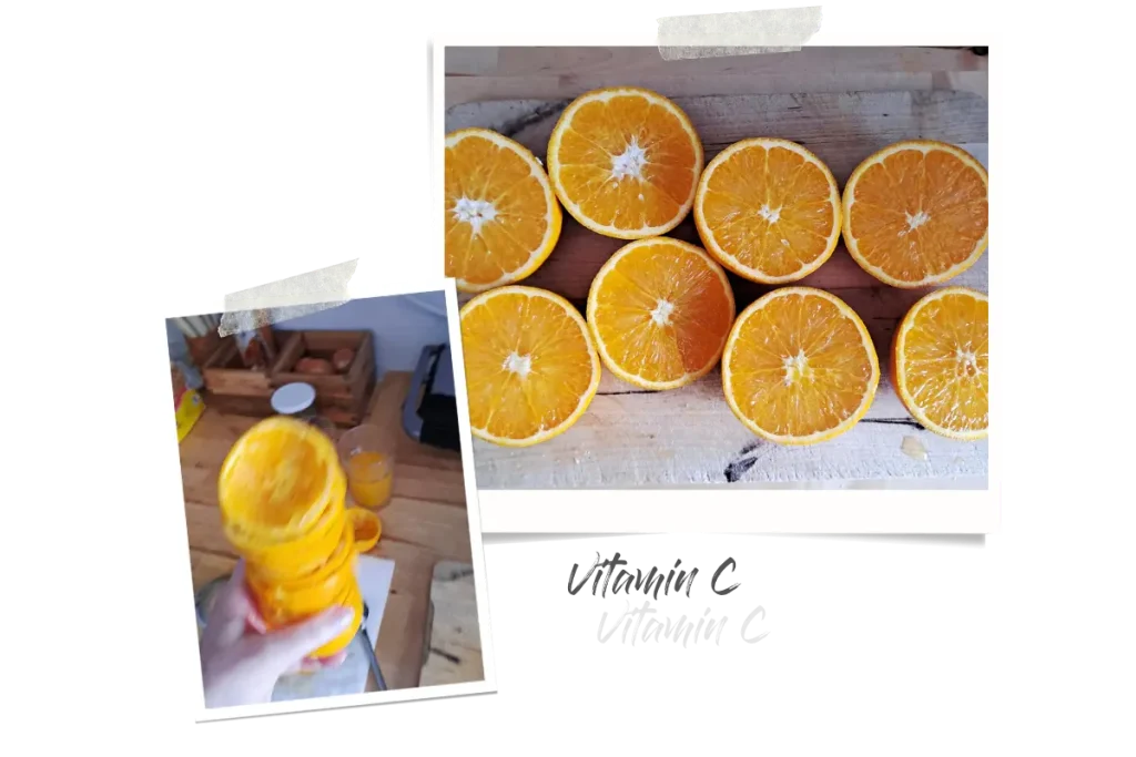 Zwei Polaroids, eins zeigt die aufgeschnittenen Orangen, und eins zeigt den Stapel an ausgepressten Orangenhälften.