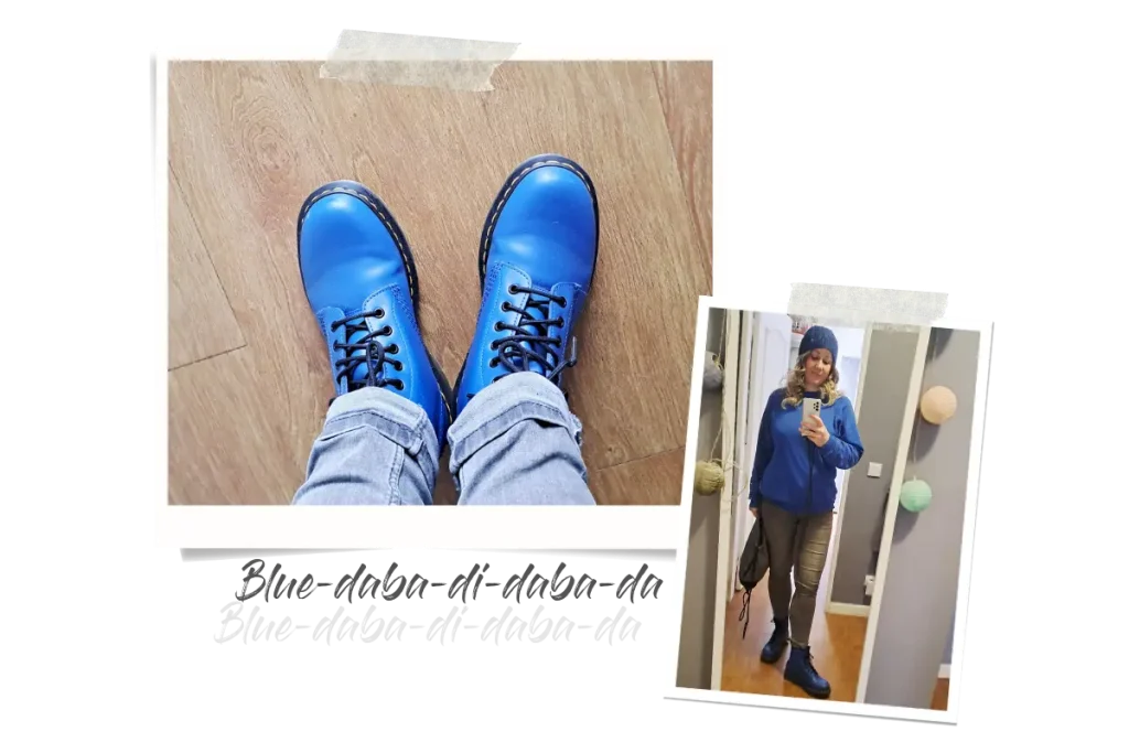 Zwei Polaroids, eins zeigt meine blauen Dr. Martens, und eins mein darauf abgestimmtes Outfit in Blautönen im Spiegel.