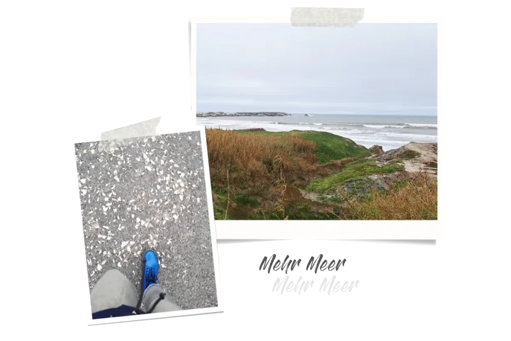 Zwei Polaroids, eins zeigt das stürmische Meer, das andere meine blauen Docs beim Gehen auf dem Asphalt.
